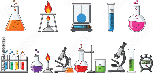 Flat Vector Illustration Set of Laboratory Equipment Including Microscopes Bunsen Burners Beakers and Test Tubes for Science Education Chemistry Research and Biotech School Project Background