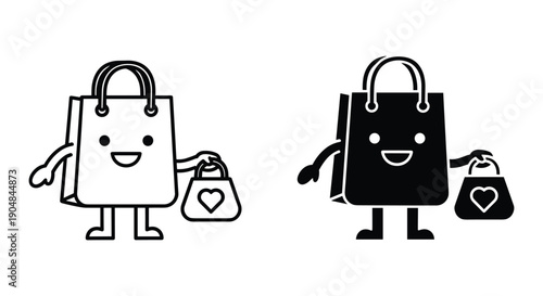 Cute cartoon padlock and shopping bag with smiley faces vector illustration isolated on white background