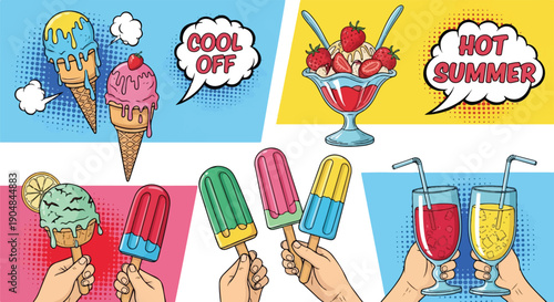 Pop Art Summer Ice Cream and Popsicles Comic Style Vector Illustration Set,pop art illustration, comic book style, halftone dots, retro diner aesthetic