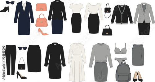 Women business office clothing vector set with formal outfits skirts blazers dresses and accessories illustration collection