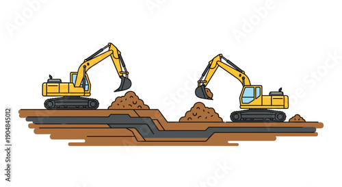 Two powerful yellow excavators actively digging a deep trench, efficiently moving earth and creating piles of soil on a