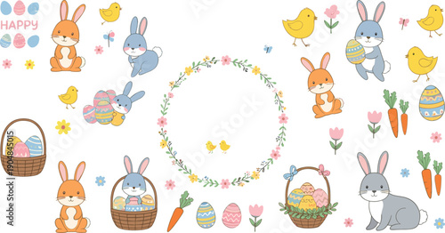 Cute Easter bunny and chick vector set with eggs baskets flowers and spring wreath cartoon illustration collection