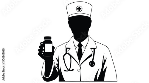 a black and white nurse silhouette holding a medicine bottle and stethoscope
