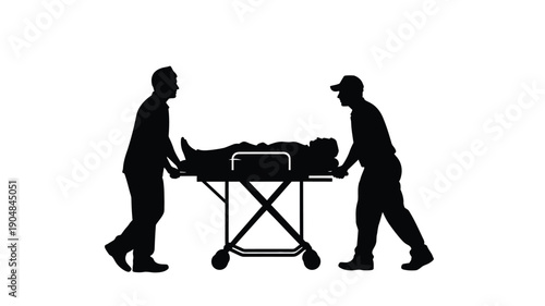 two figures carrying a stretcher on wheels a stark silhouette