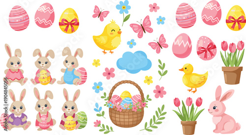 Cute Easter bunny chicks eggs and spring flowers vector cartoon set festive holiday illustration collection