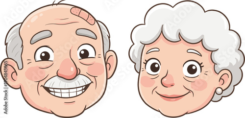 Cute cartoon elderly couple faces illustration smiling grandpa and grandma characters, friendly senior portraits, colorful vector design isolated on white background