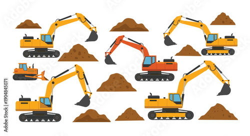Multiple powerful construction excavators, yellow and orange, surrounded by numerous mounds of earth, illustrating