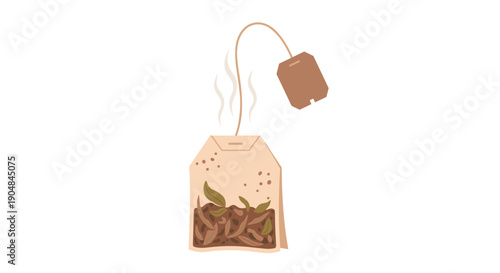 A gently steaming teabag, showing visible aromatic tea leaves, infusing hot water to create a comforting and relaxing