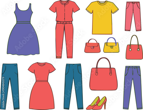 Women fashion clothing and accessories vector set with dresses pants handbags and shoes illustration collection