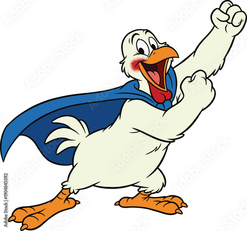 Funny cartoon superhero chicken illustration with cape, strong heroic bird character, colorful vector mascot isolated on white background for branding education projects