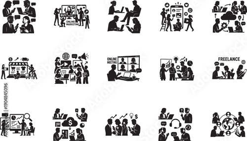 Digital business concept illustrations of men and women in online work, marketing, and communication scenes.