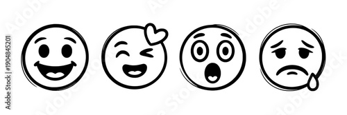 Emojis face icon set with smiling, laughing wink, surprised and sad expressions in black outline doodle style for chat reactions, stickers, UI badges and social media