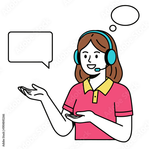 Professional female customer support representative wearing a headset with speech bubbles in a clean flat line art style, concept for 24/7 client service, help desk, and telemarketing.