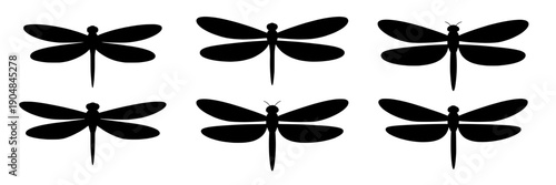 Dragonfly silhouette set with six flying insect icons in black, minimal flat vector shapes isolated on white, symmetrical wings, nature wildlife symbol pack