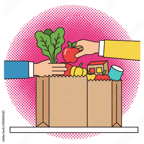 Hands packing fresh vegetables and healthy groceries into a brown paper shopping bag in a retro pop art comic style, concept for grocery delivery, supermarket retail, and healthy eating.