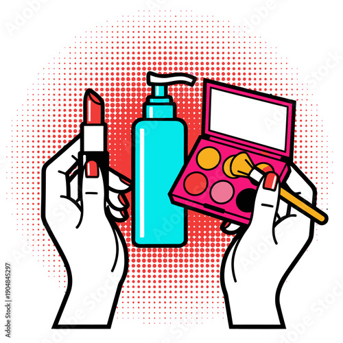 Hands holding cosmetics and makeup products including lipstick, lotion bottle, and eyeshadow palette with brush in a retro pop art comic style, beauty and personal care fashion illustration.