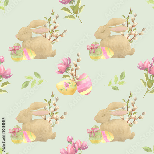  Easter Watercolor Pattern with Eggs, Bunny and Flowers, Green