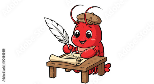Adorable cartoon red lobster wearing a cap, diligently writing on an old scroll with a feather quill at a small wooden