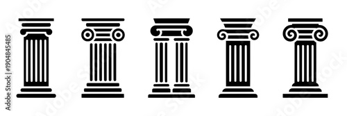 Columns ancient Greek set with detailed line art and classical architecture design elements featuring historical, building, structure with decorative and vector elements for black, white projects,