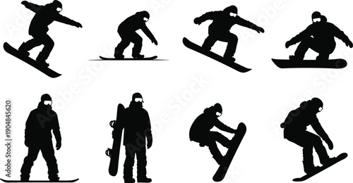 Snowboarder silhouettes set with winter sport athletes jumping and riding, snowboarding action poses, extreme mountain activity icons isolated on white background vector