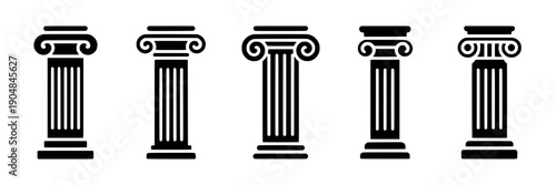 Columns classical architecture icon set with five black pillar silhouettes in minimal flat vector style, ancient Greek Roman order elements for logo, UI and design