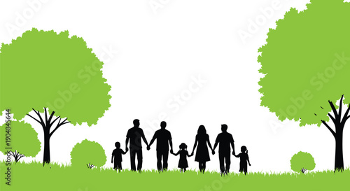 Happy family of six holding hands in a serene green environment together