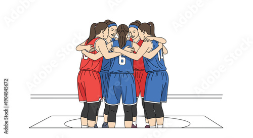 Female basketball team players in red and blue jerseys huddling closely on court, symbolizing unity and determination.