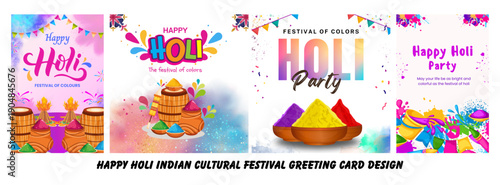 Happy Holi Festival of Colors Party Invitations with Vibrant Gulal and Traditional Indian Elements