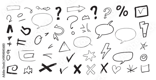 Fényképezés Set of hand drawn sketch signs and symbol doodle arrows, question marks, speech