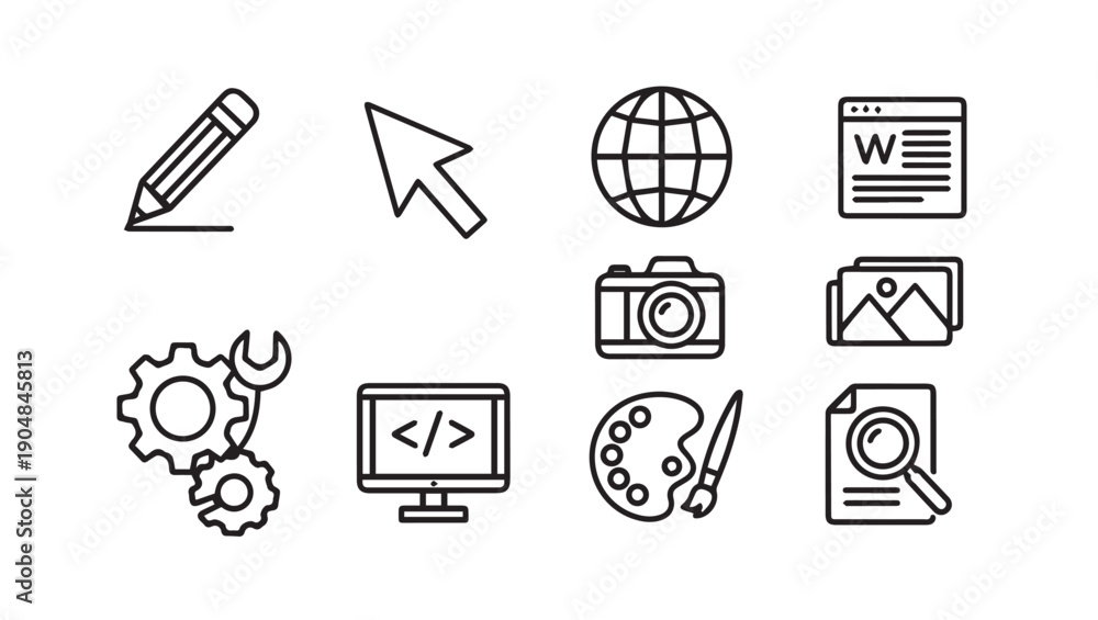 Fototapeta premium Web Design and Development Icons Set: Coding, Photography, Art, SEO, Tools