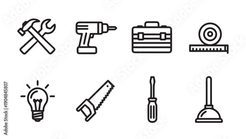 Tool Icons Collection: Hammer, Wrench, Drill, Toolbox, Saw, Screwdriver, Plunger, Lightbulb