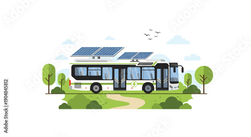 Modern electric bus with rooftop solar panels driving on a winding path through a lush green natural landscape.