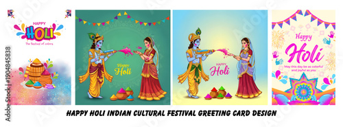 Vibrant Holi Festival Celebration Images Featuring Lord Krishna and Radha with Colorful Powders and Decorations