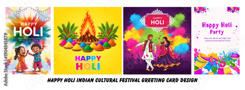 Vibrant Holi Celebrations: Four Diverse Designs Showcasing Joy, Colors, and Festive Spirit of the Indian Festival