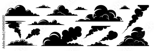 Smoke cloud silhouettes set with cartoon explosion puffs, steam trails and dust bursts in black, isolated vector shapes for comics, games, battle effects and overlays
