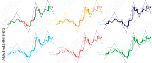 Colorful stock market candlestick chart set with technical analysis indicators for forex crypto and financial trading dashboard design vector