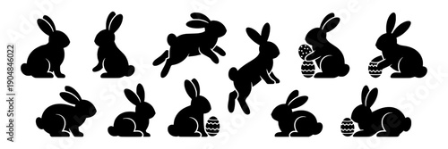 Rabbits silhouette set with cute Easter bunny poses, sitting and jumping animals, eggs and basket elements, black flat vector icons isolated on white background