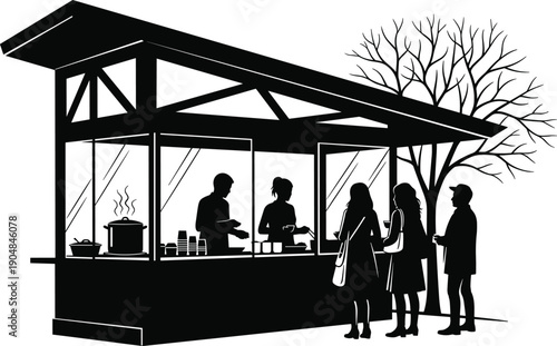 Street food kiosk silhouette with customers waiting in line, outdoor cafe vendor serving coffee and snacks, urban retail stall isolated on white,