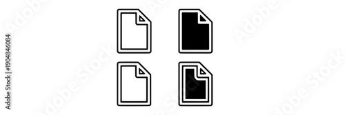 File document icon set with four page symbols in outline and solid styles, minimal black and white vector pictograms for UI, app interface, web buttons, and files