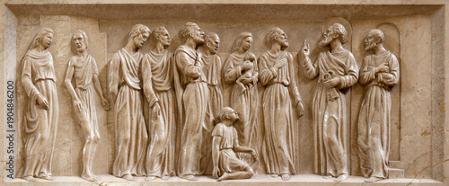 Fotografía BUSTO ARSIZIO, ITALY - JANUARY 19, 2026: The marble relief of Sermon of St