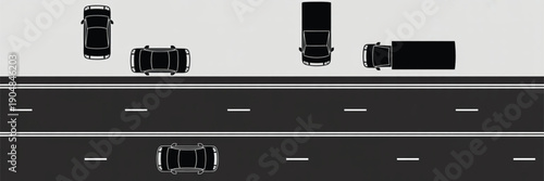 Vector, black, silhouette, illustration, of, a, multi, lane, highway, with, cars, and, trucks, parked, on, the, side, for, urban, traffic, transport, and, road, safety, design