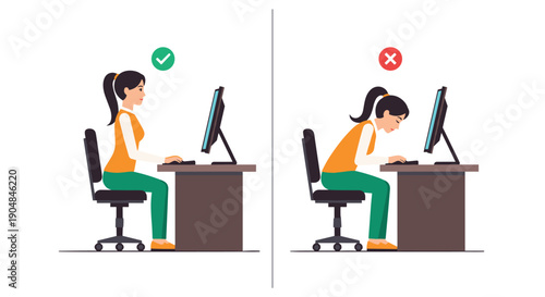 Side-by-side comparison of a woman demonstrating correct and incorrect ergonomic posture while working at a computer