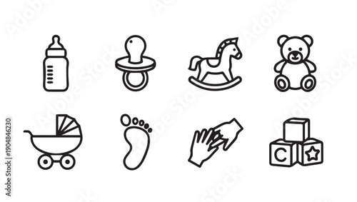 Baby Icons Collection: Bottle, Pacifier, Rocking Horse, Bear, Stroller, Footprint, Hands, Blocks