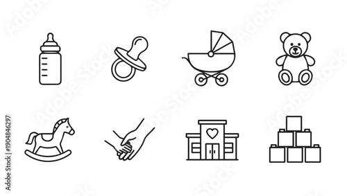 Baby Icons Set: Bottle, Pacifier, Stroller, Teddy Bear, Horse, Hands, Building, Blocks