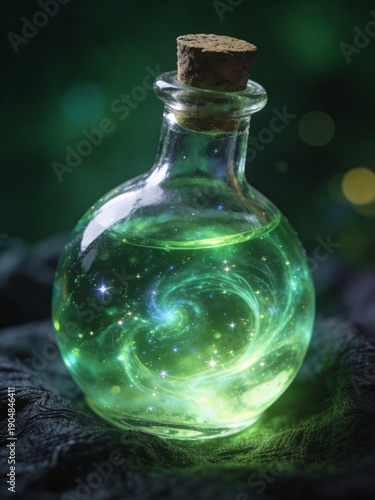 A green bottle with a cork stopper and a swirl of green liquid inside