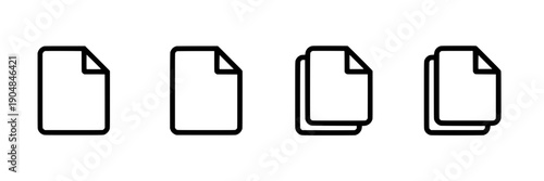 Document file icon set with outline page symbols, single sheet and stacked copies, minimal black line vector for UI, app buttons, web interface, and office design