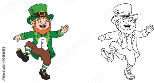 Happy dancing Leprechaun character vector. St. Patrick's Day mascot. Colored and outline illustration for coloring book page.
