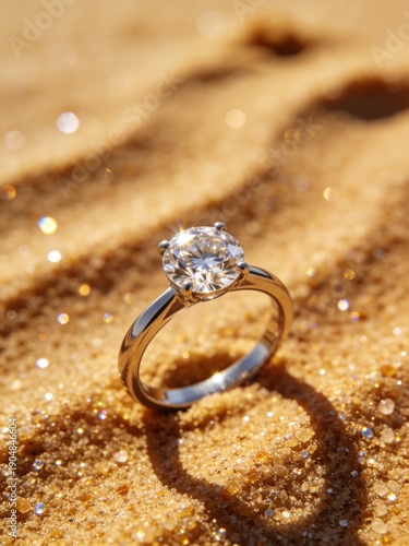 A diamond ring is on a sandy beach
