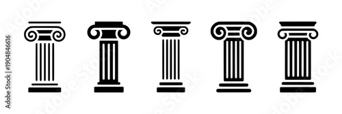 Columns classical icon set with five black pillar silhouettes in different styles, ancient Greek and Roman architecture elements for logo, UI, infographic, and signage