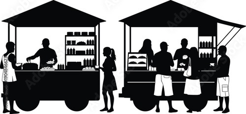Street food stall silhouette set, people buying snacks from outdoor market vendors, mobile catering business icons isolated on white background for design,